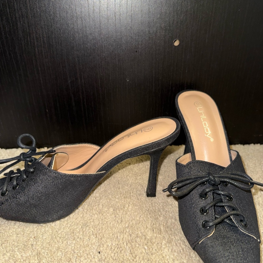 UniLady Black Lace-Up Mule Heels Pointed Toe Kitten Heel Size 9 - Picture 7 of 7